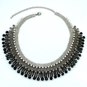 Crystal Statement Silver Rhinestone Black Bead Fringe Bib Necklace